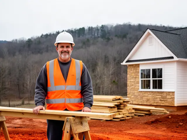 A builder in a hard hat and safety vest on a home construction site.