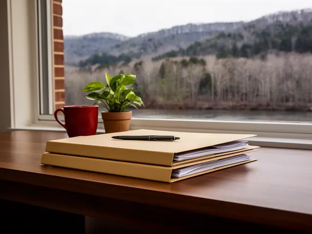 A neat stack of closed manila folders and a pen on a desk by a window.