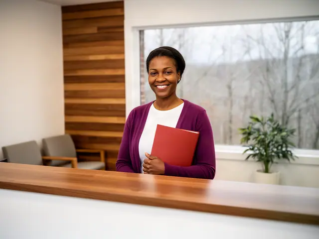 A clinic office manager holding a folder behind a reception counter.