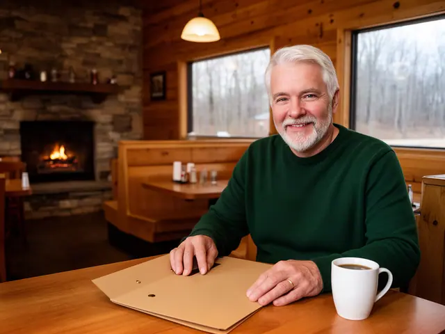 A restaurant owner seated with a folder in an empty dining room before opening.