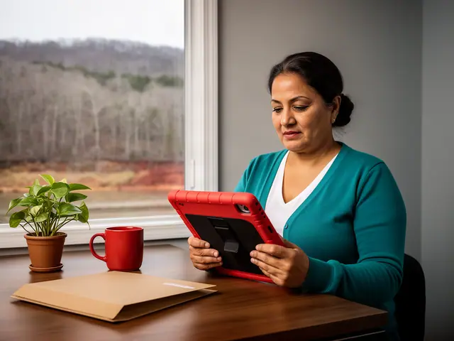 A woman with dark hair in a low bun reviewing a tablet at a desk in a small back office.