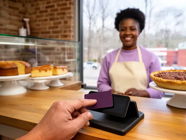 A customer taps a plum card on a counter terminal at a bakery with pies and pound cakes.