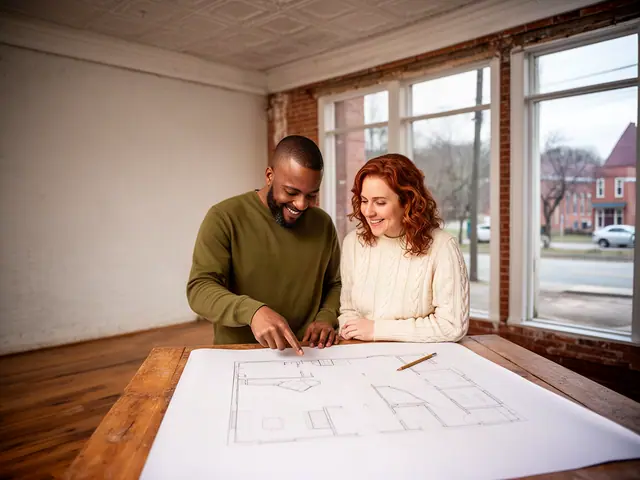 Two business partners looking over a pencil floor sketch in an empty storefront.